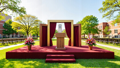 Graduation ceremony stage setup in sunny campus, celebration of achievement