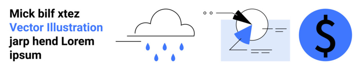 Cloud with raindrops, a segmented pie chart design with arrows, and a dollar symbol on a blue circle. Ideal for weather, finance, data analysis, business, marketing, technology simple landing page