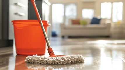 Bright orange mop and bucket on shiny kitchen floor in sunlit room