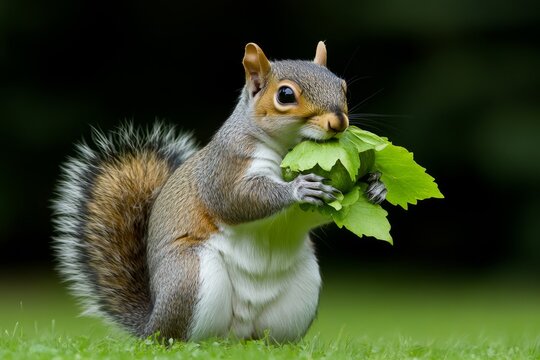 A squirrel storing multiple acorns in its cheeks, making its face look comically full