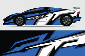 Sleek blue and white sports car design showcasing dynamic graphics and modern styling against a neutral backdrop