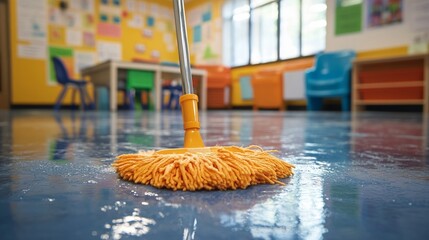 Bright classroom floor cleaning with mop in elementary school setting