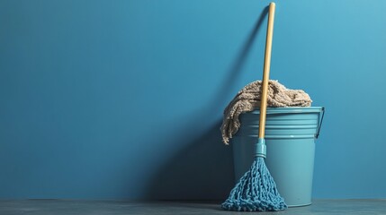 Blue cleaning bucket and mop against blue wall