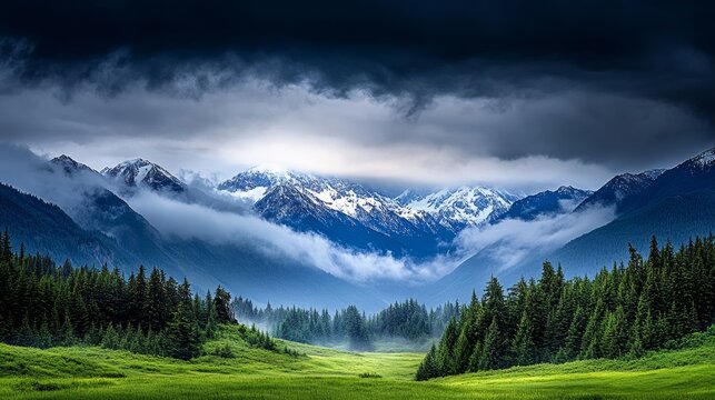 A storm rolling over Hurricane Ridge, with dark clouds hovering above snow-capped peaks