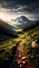 Mountain trail at sunrise