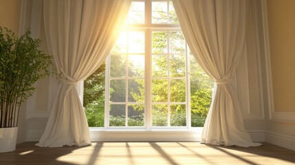 Fototapeta premium Tied-back curtains beside open window bringing in fresh air
