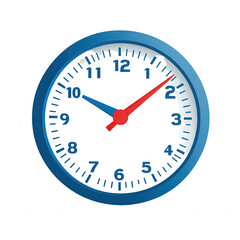 Illustrative clock with blue casing, displaying time with clearly marked numbers and hands on a black background.