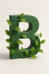 Green 3D letter B, made of solid material with a matte surface, standing on a light background. Wrapped in fresh green vines that gently follow the letter's contours. Perfect for nature, eco, or susta