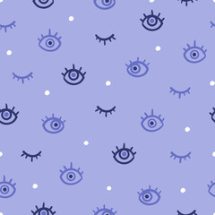 Cute Hand-Drawn Eye Pattern – Seamless Abstract Design with Open and Closed Eyes on Pastel Purple Background