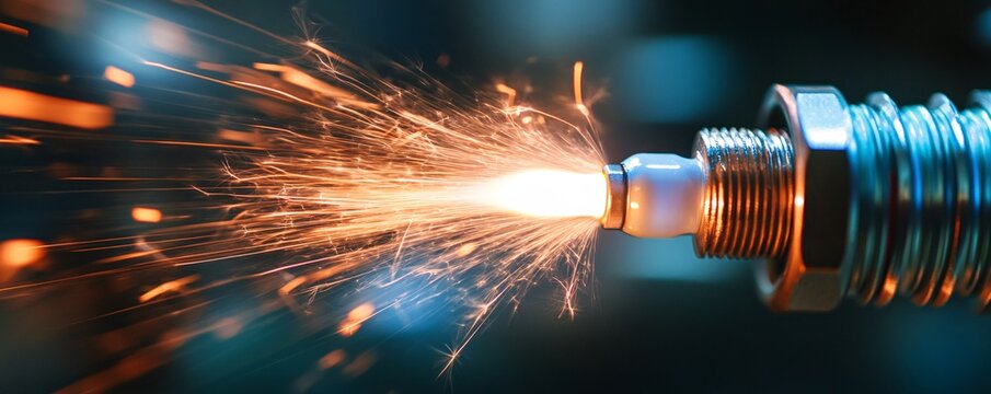 Close up spark plug igniting with sparks flying