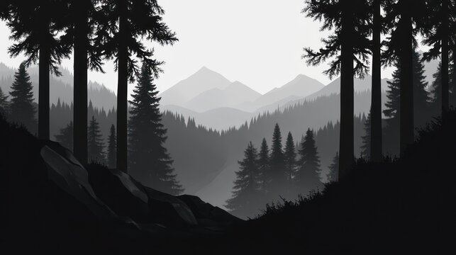 Grey Scale Mountain Forest Scenery