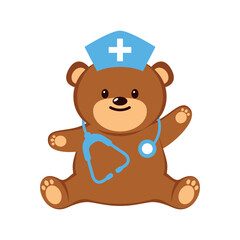 Cute sitting teddy bear doctor with stethoscope vector illustration. Teddy bear toy doctor icon isolated on a white background. Happy brown medical teddy bear cartoon