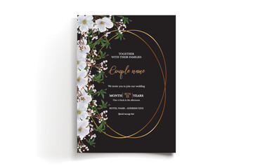 WEDDING INVITATION FRAME WITH FLOWER DECORATIONS AND FRESH LEAVES