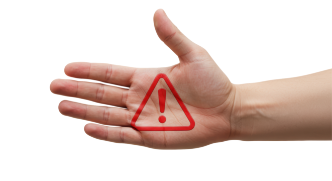 Isolated Open Hand with Red Warning Sign Symbol on Palm