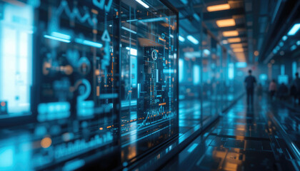 Data Visualization Displays Showcasing Information in a Futuristic Tech Environment