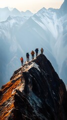 A group of adventurers crossing a narrow ridge in the Himalayas © Khinthong