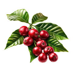 Coffee cherries with vibrant red berries and glossy green leaves on transparent background