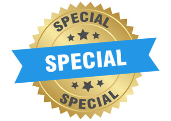 special. special round blue and gold label isolated on transparent background
