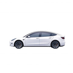 Fototapeta premium Sleek white electric car shown from the side, featuring modern design and aerodynamic shape, ideal for eco-conscious driving and urban commuting.
