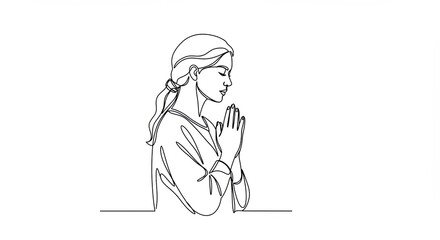 One line drawing of a praying woman. Religious illustration