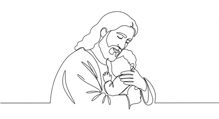 Obraz premium One line portrait of Jesus Christ hugging a child on a white background
