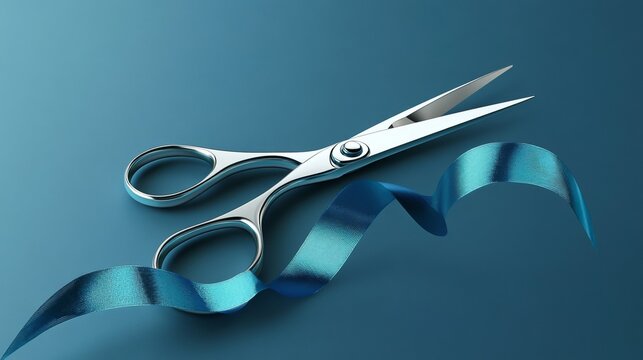 Silver scissors and blue ribbon on teal background: precision and elegance