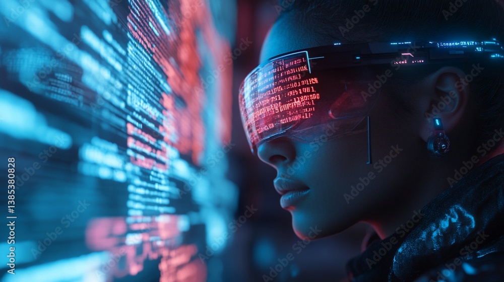 Poster futuristic woman immersed in virtual reality coding interface