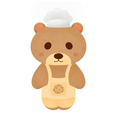 Cute cartoon illustration of a bear wearing a chef's hat and a cookie picture 