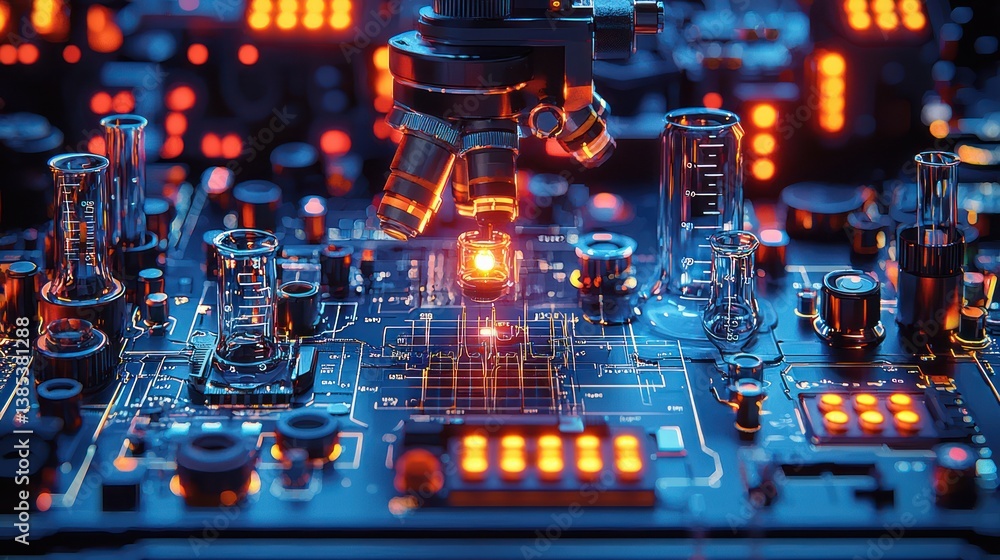 Poster microscope inspecting circuit board in lab
