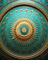Obraz premium Intricate ornate pattern of gold and blue. Concentric design in a ceiling. Turquoise and gold color scheme tile pattern