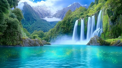 Fototapeta premium A twilight view of a waterfall in New Zealand, fireflies glowing in the surrounding rainforest