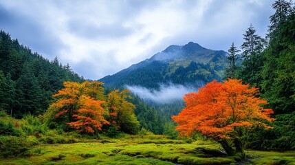 A vibrant autumn scene in the Olympic rainforest, with red and orange leaves contrasting against deep green moss