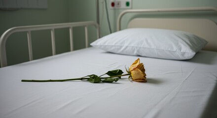 Empty hospital bed with wilted rose symbolizes loss, neglect or loneliness