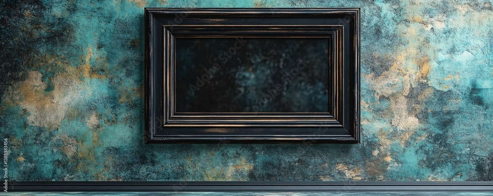 Aufkleber empty black frame hanging on a textured teal wall with copy space