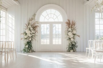 Fototapeta premium Elegant Wedding Backdrop Ceremony Indoor with floral decoration in modern venue