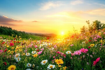 Obraz premium A vibrant meadow of diverse wildflowers basking in warm sunlight