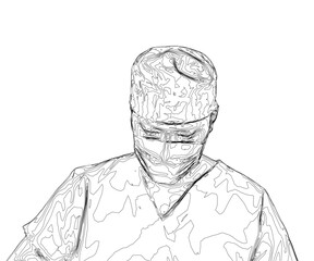 A man in a white lab coat with a mask on his face. The drawing is in black and white