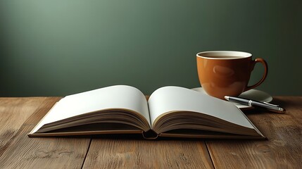 Naklejka premium Empty notebook pages with tea and pen high resolution image