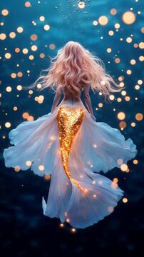 Mermaid with flowing blonde pink hair and a shimmering golden tail gracefully swims underwater. Surrounded by glowing orbs and bubbles, the scene evokes a magical and ethereal oceanic atmosphere
