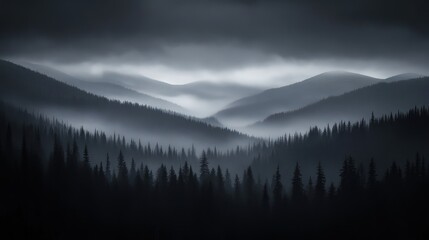 Obraz premium Misty Mountains Silhouette; tranquil forest scene; dark landscape; nature; perfect for backgrounds; wallpapers; stock photo; use in nature documentaries or travel blogs