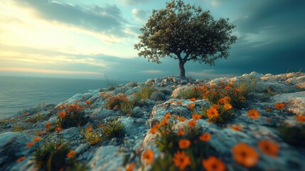 Solitary Tree on a Cliffside Overlooking the Serene Ocean at Sunset