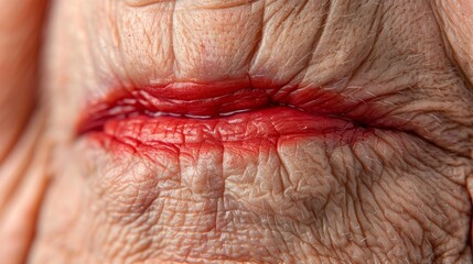 Close up of mature woman s lips showcasing wrinkles and natural aging texture on beige background