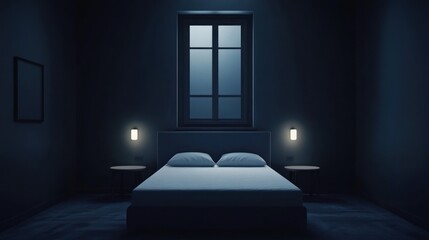 Empty Bedroom at Night, Interior Design, Soft Lighting, Potential Use Stock Photo