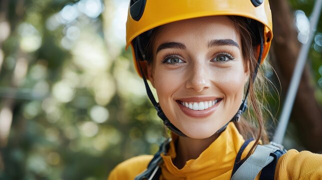 Happy Adventurous Woman Ziplining in Forest