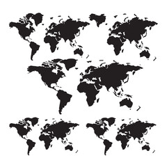  Black silhouette vector of a world map showing global continents and countries – minimal flat design for geography, travel, education, or global business concepts