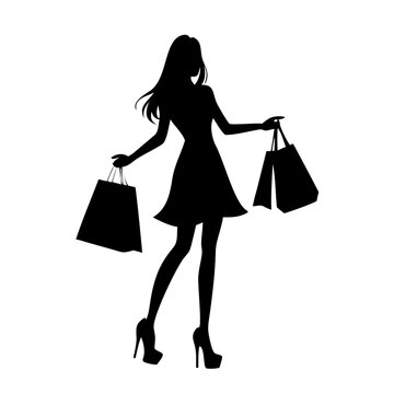 black silhouette woman shopping with bags clip art preview