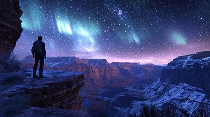 Fototapeta premium Starry Night Majesty: A Lone Traveler Gazes Upon a Breathtaking Canyon Under a Celestial Aurora