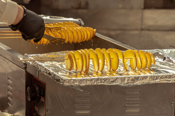 Raw preparation of tornado potatoes or spiral chips on the background of the hands of a cook with tongs. Street food
