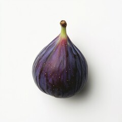 A single fig in close-up, isolated on a white background. Featuring smooth texture and deep purple color