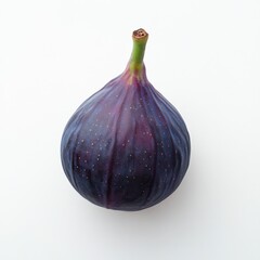 A single fig in close-up, isolated on a white background. Featuring soft texture and deep color